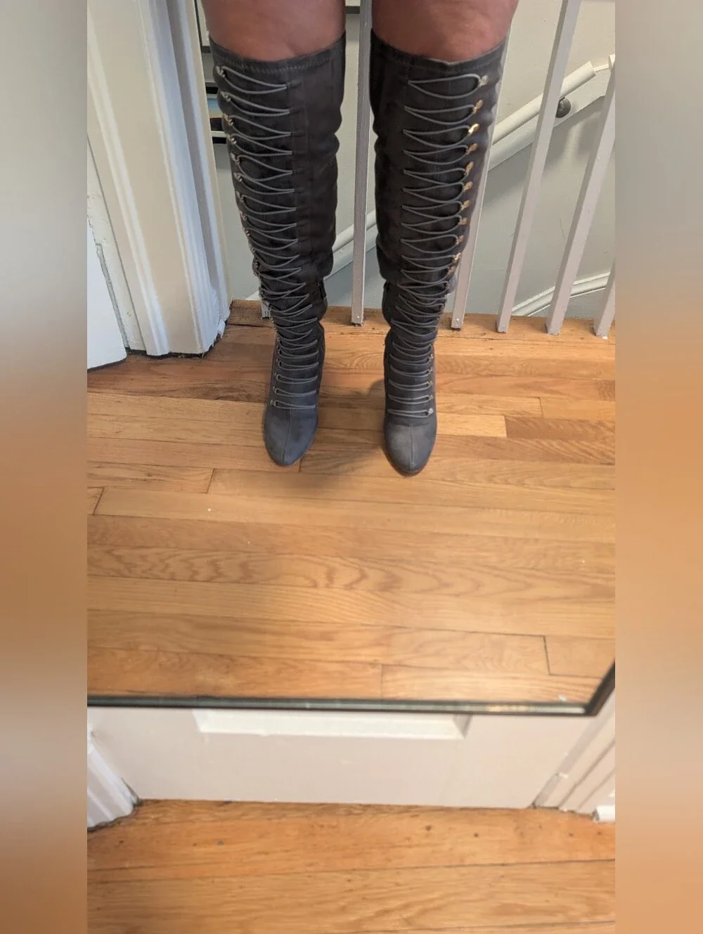 Gray Lace-Up Over-the-Knee Heeled Boots